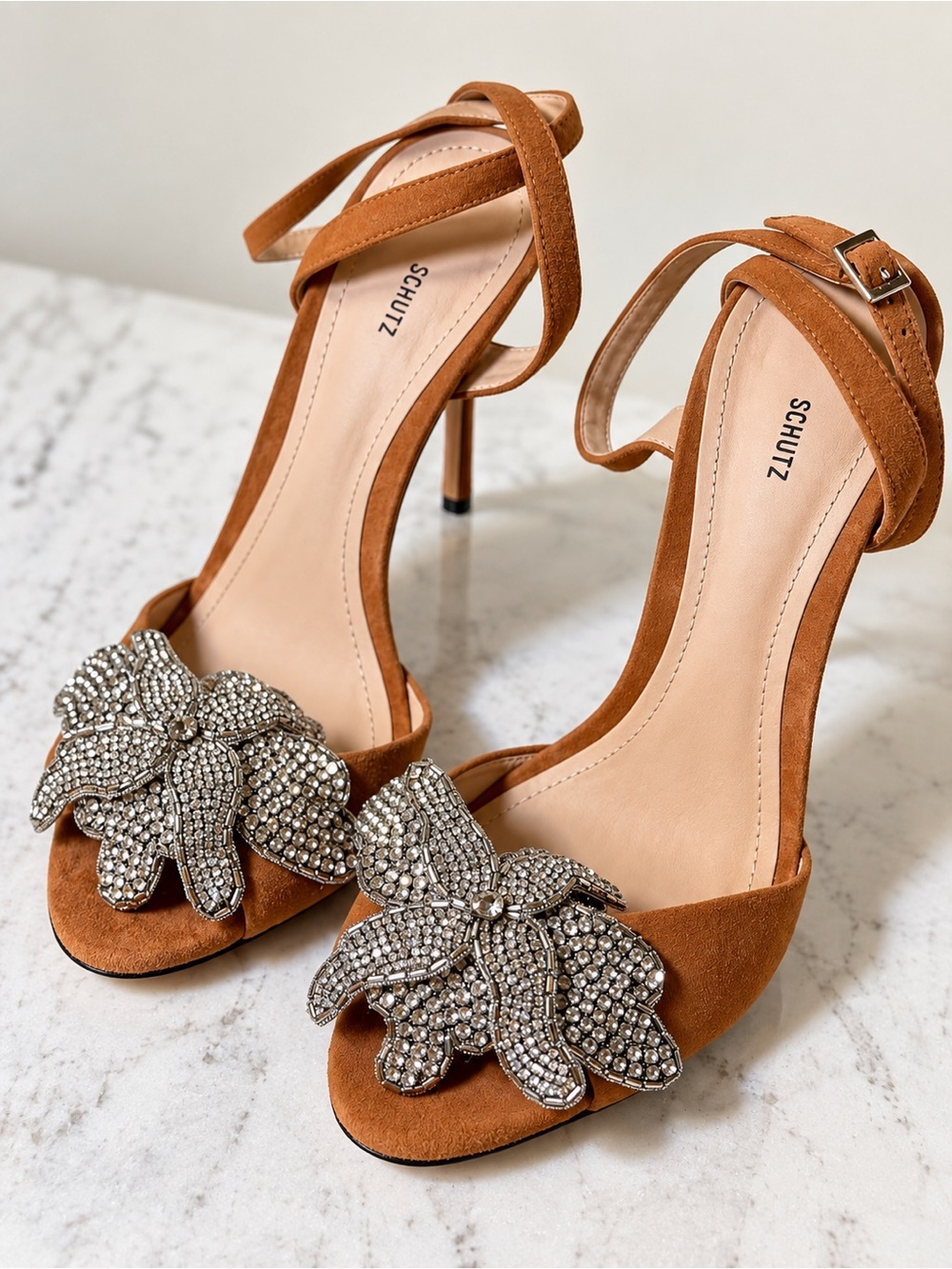 SCHUTZ Crystal Floral Embellished Suede Heels Sandals Brown Size 10